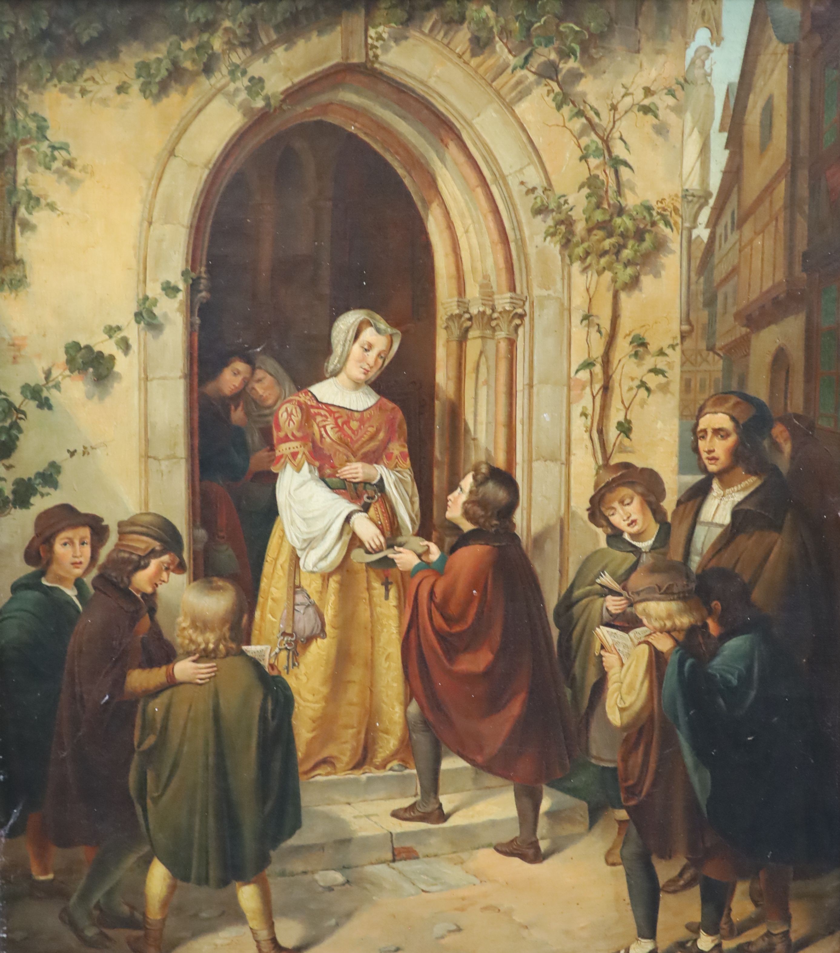 19th century German School, Lady giving alms at a church door, Oil on canvas, 63 x 55cm.